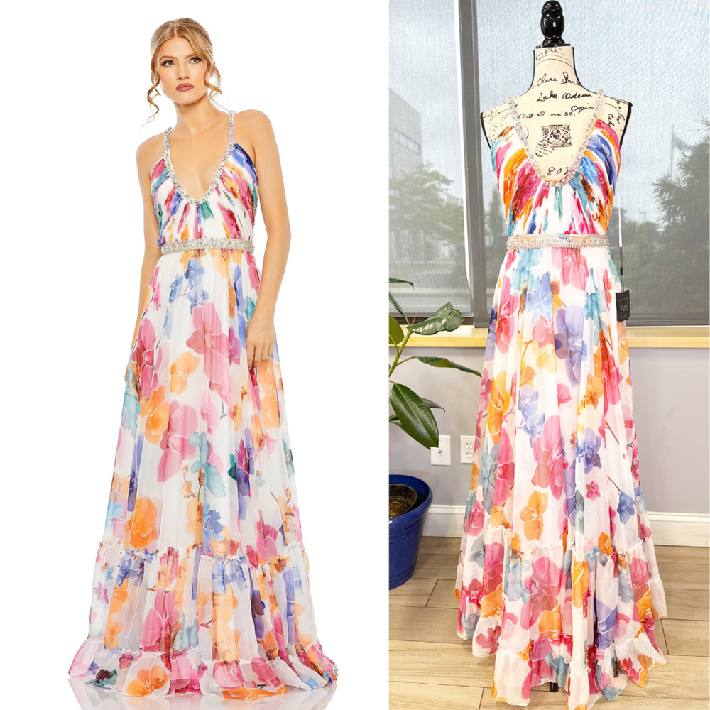 Mac Duggal Plunge Neck Embellished A Line Floral Print Gown 2219 Size 4